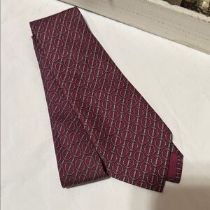 Hermes Burgundy Silk Tie with Interlocking Geometric Pattern